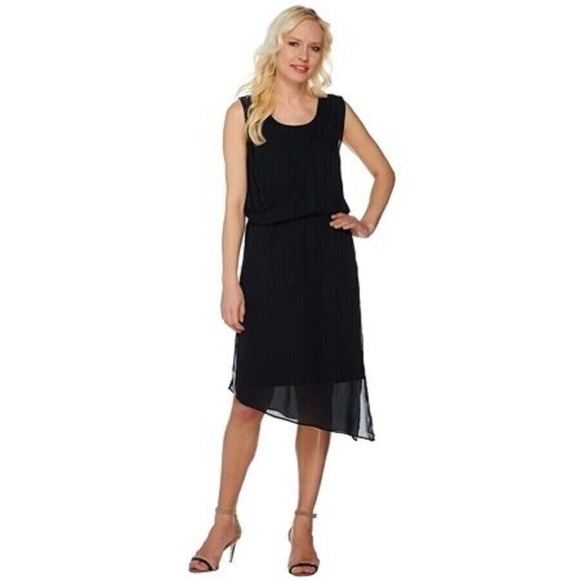 H by Halston Black Jet Set Jersey Dress Sleeveless with Draped Chiffon Overlay - Picture 13 of 13